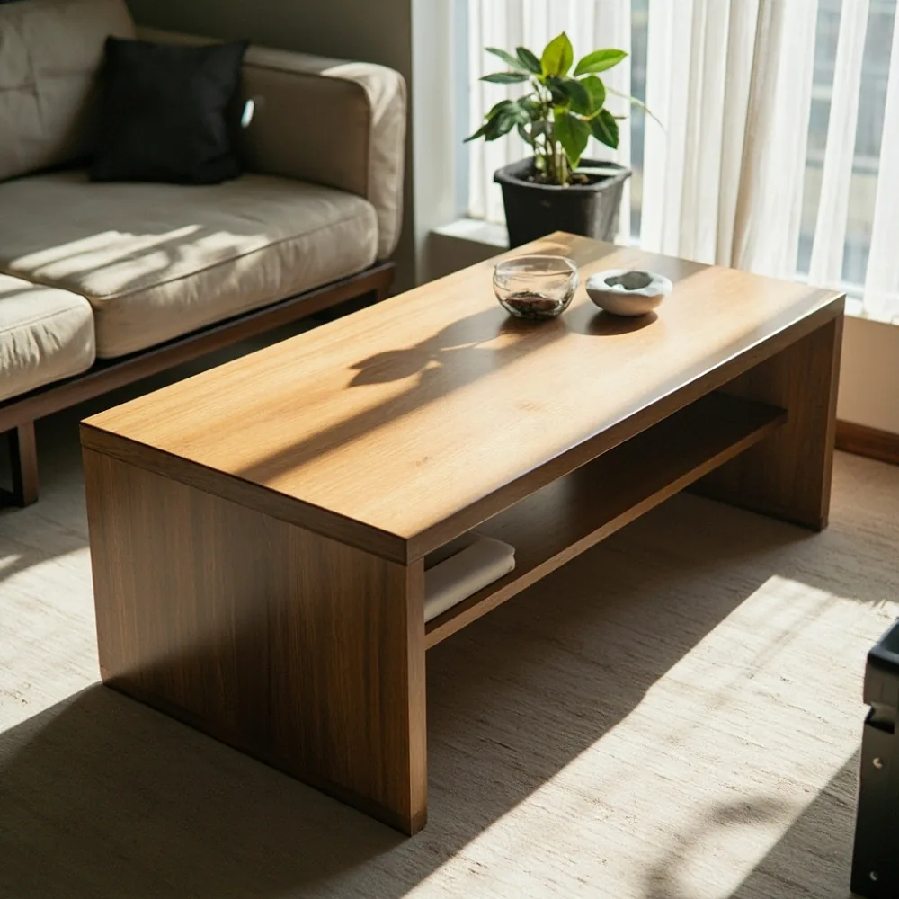東京マンションのリビングに置かれたフレンチ風ウォルナットコーヒーテーブルとベージュソファの自然光写真