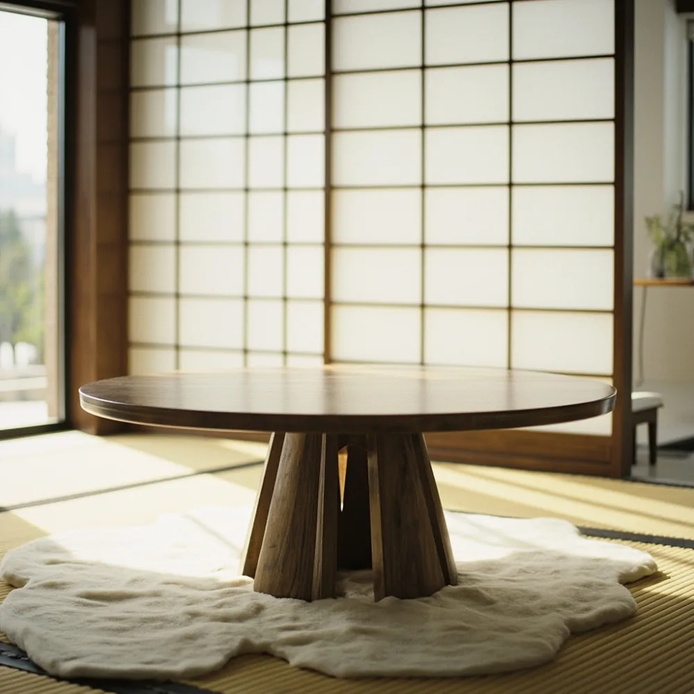 東京12畳LDに置かれたフレンチ潮流ウォルナット丸型コーヒーテーブル75cmの自然光写真