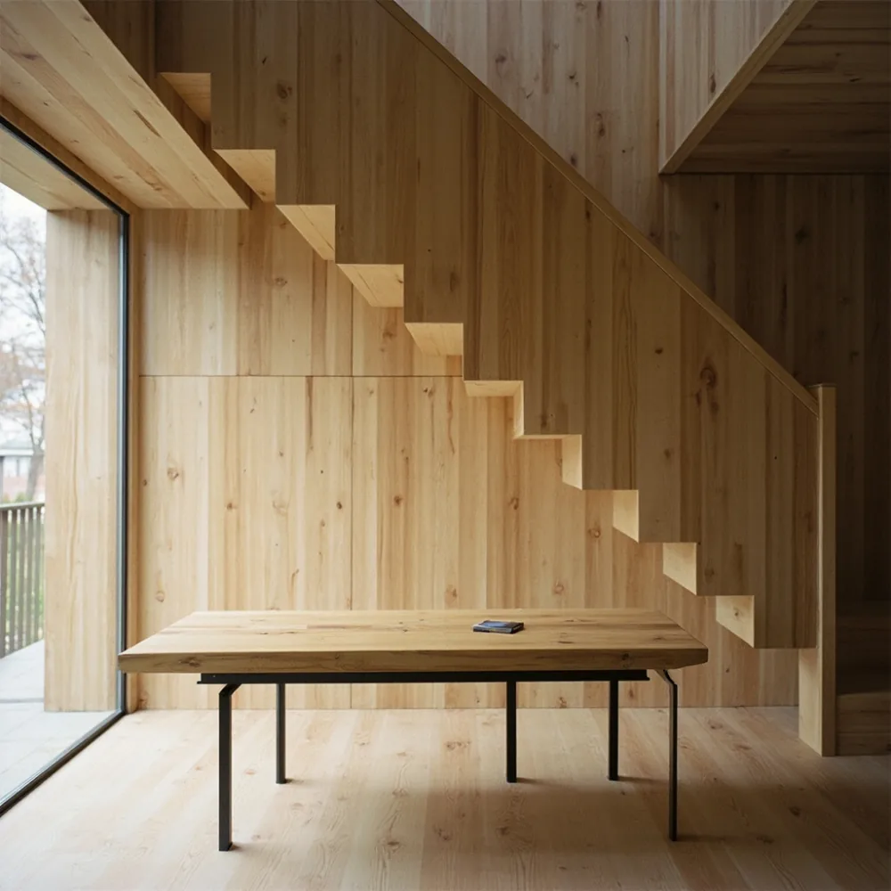 名古屋・東区の木造戸建て踊り場90cm×90cmに置かれたポストモダン系オーク+金属脚コーヒーテーブル
