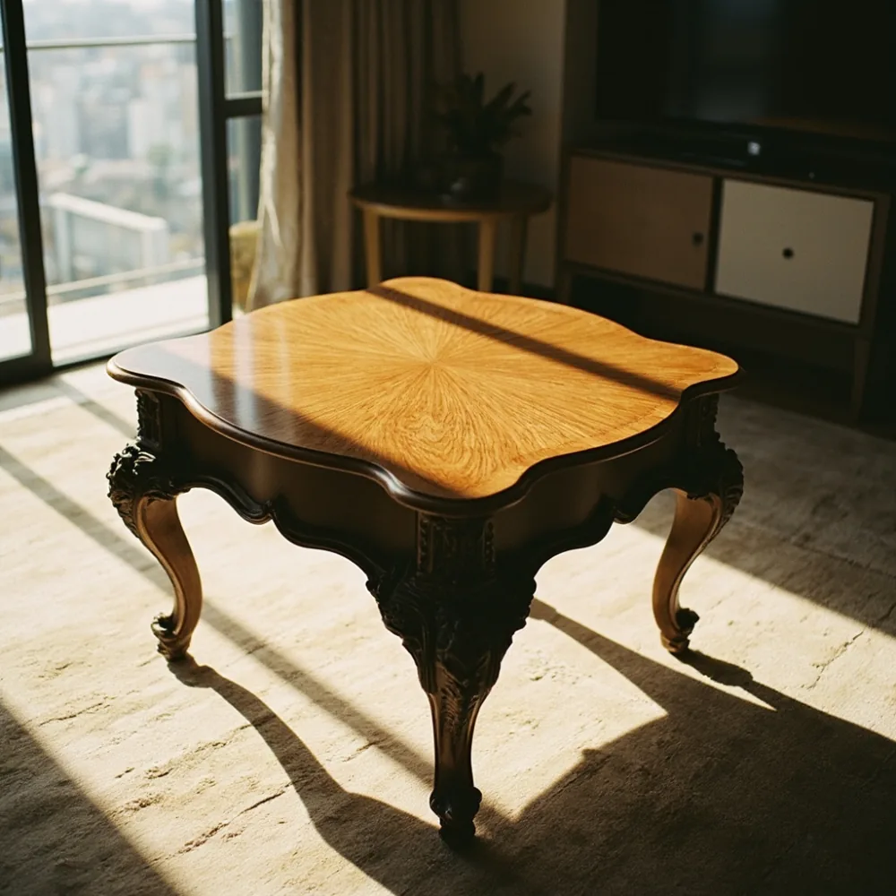 東京マンションのLDに置かれたフレンチ・ラグジュアリーコーヒーテーブル、造作梁下215cm環境