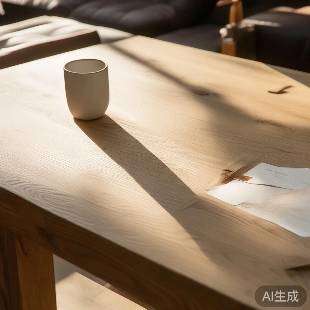 無垢材コーヒーテーブルの天板木目と陶器カップ