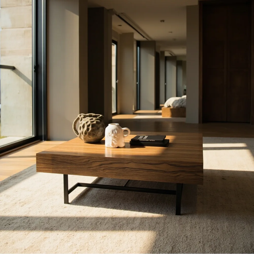 natural-light photo of an American luxury walnut x iron block-leg coffee table 130cm wide in a Nagoya condominium 86cm corridor
