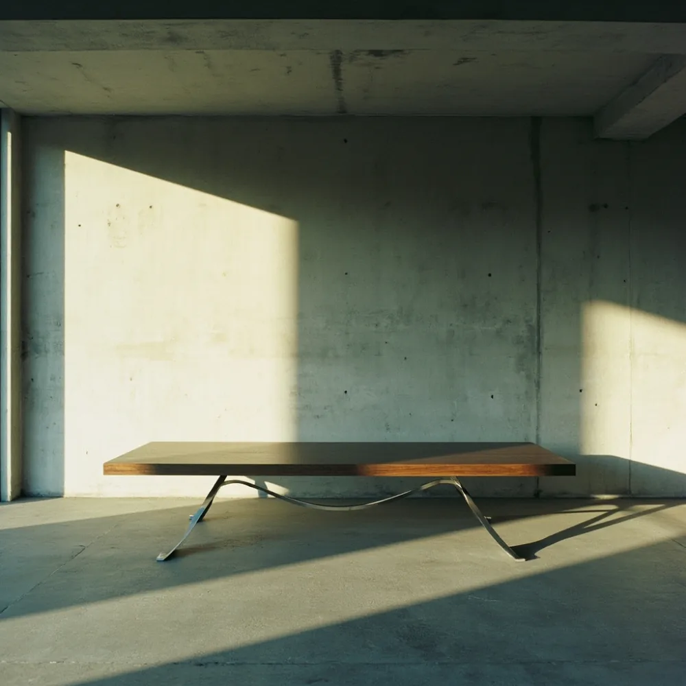 postmodern steel-plate V-leg coffee table in Osaka mansion with 13g/m³梅雨期絶対湿度環境下