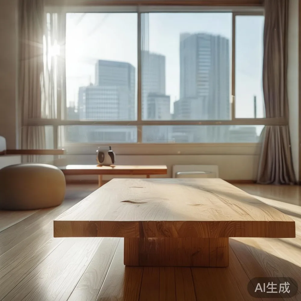 東京のマンションリビングに置いた天板厚5cm・脚高35cmの無垢材コーヒーテーブルと床暖房・加湿器