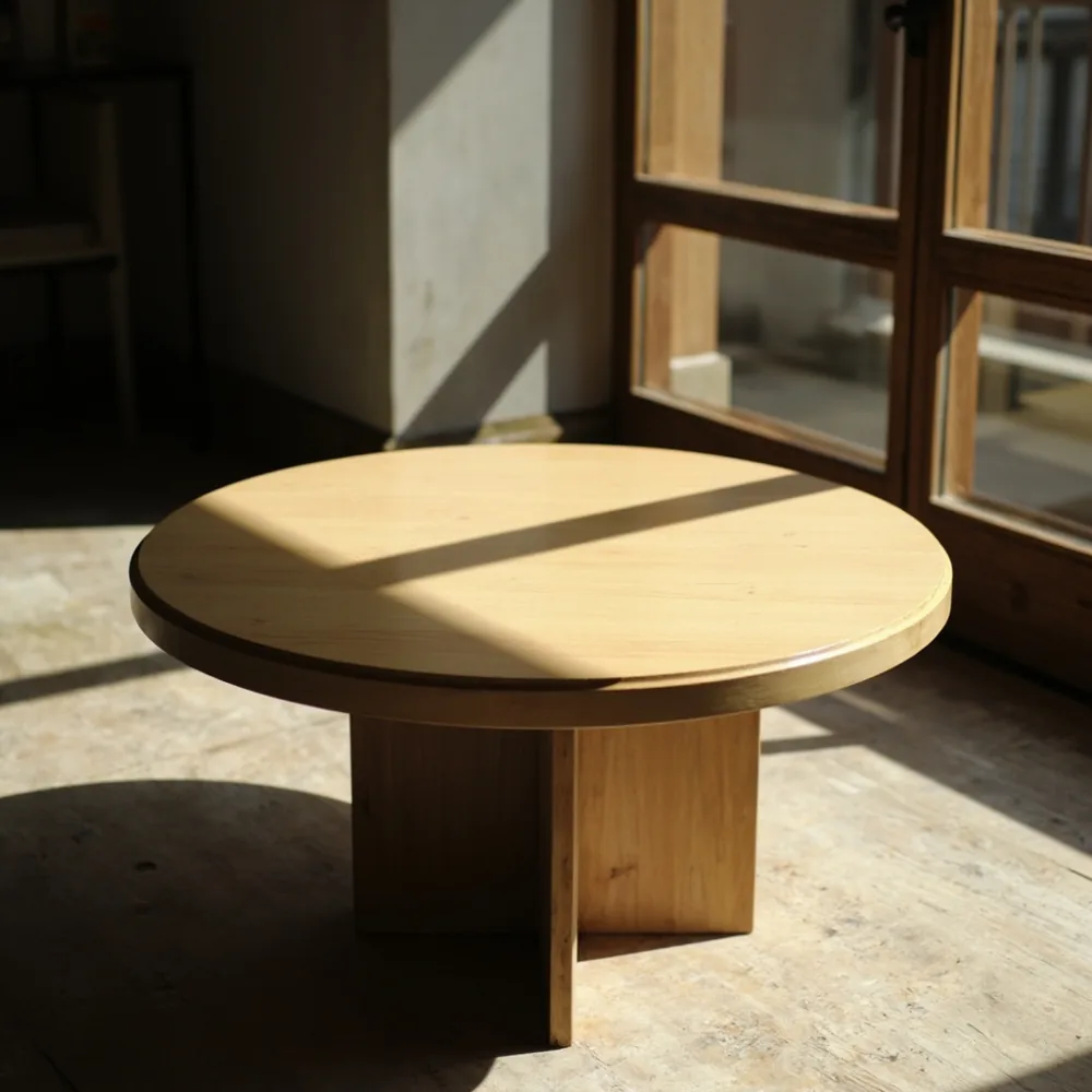 名古屋のマンションコーナーに置かれたフレンチ円形・直径74cm・高さ40cm・フラット幕板20mmビーチ材のコーヒーテーブルを午後の拡散光で撮影した写真