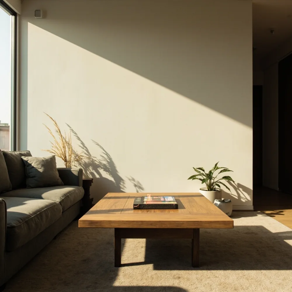 Japanese apartment living room with solid oak coffee table and sofa in neutral tones