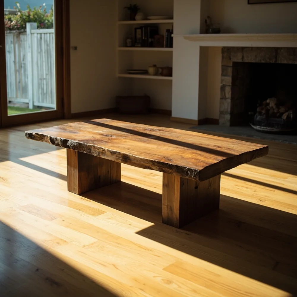 大阪独栋住宅中的美国风实木 coffee table，厚天板、横梁结构与暖色木纹清晰可见