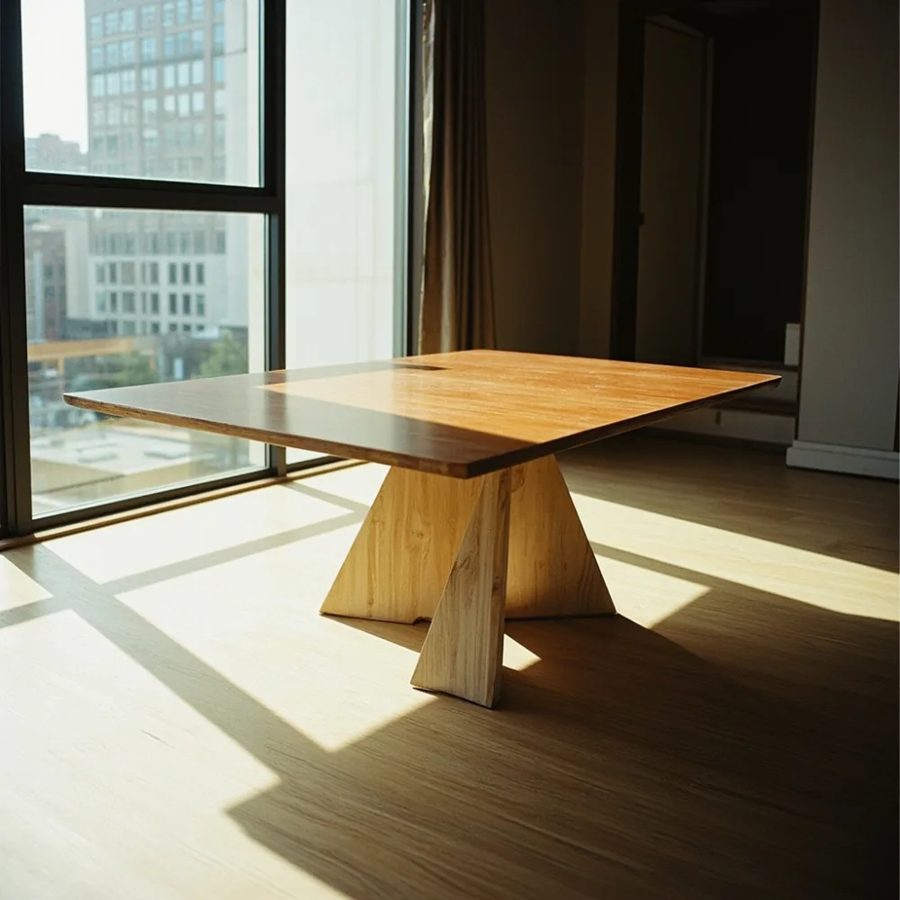 名古屋公寓中的后现代 coffee table，几何桌脚与对比木纹呈现，画面突出尺寸比例和摆放关系