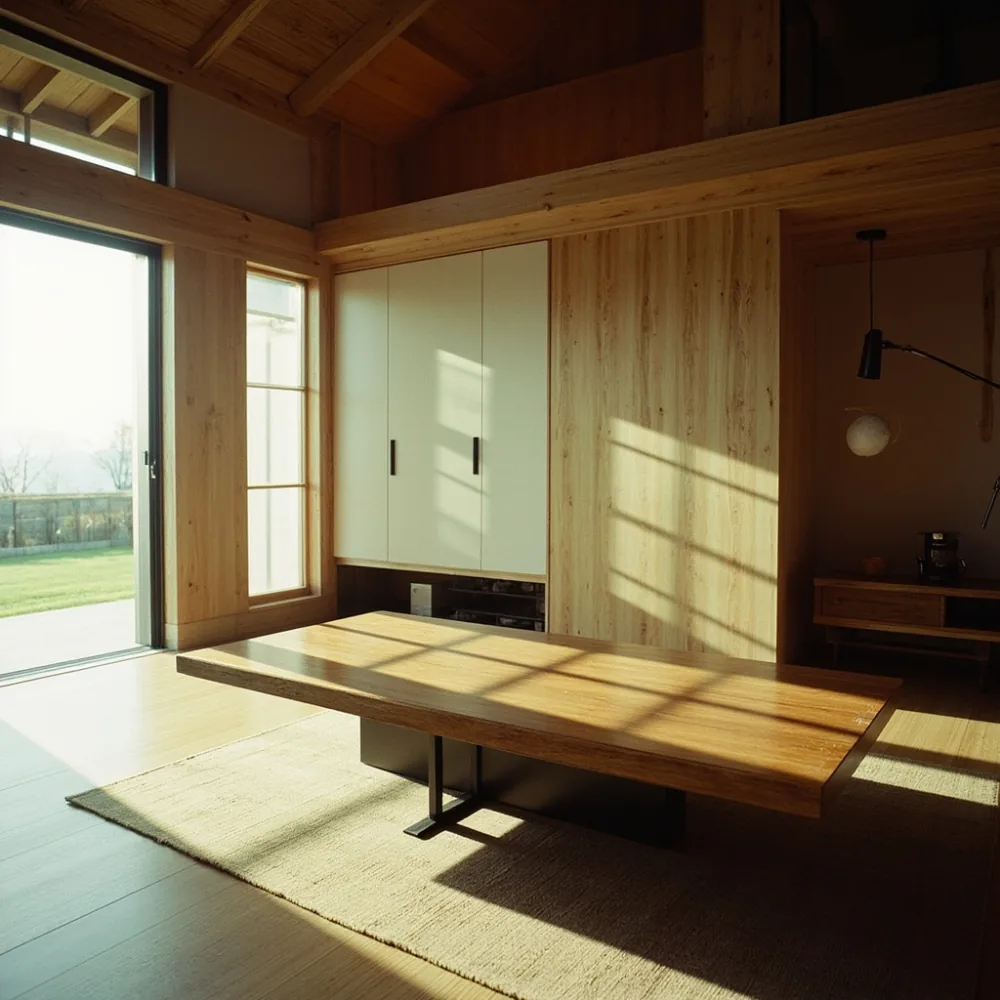 名古屋の木造戸建てに合うAmerican luxury coffee table，solid oak and metal，warm afternoon light