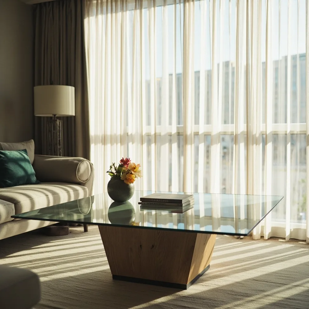 大阪マンションに調和するpostmodern coffee table，geometric base and natural wood，bright neutral room