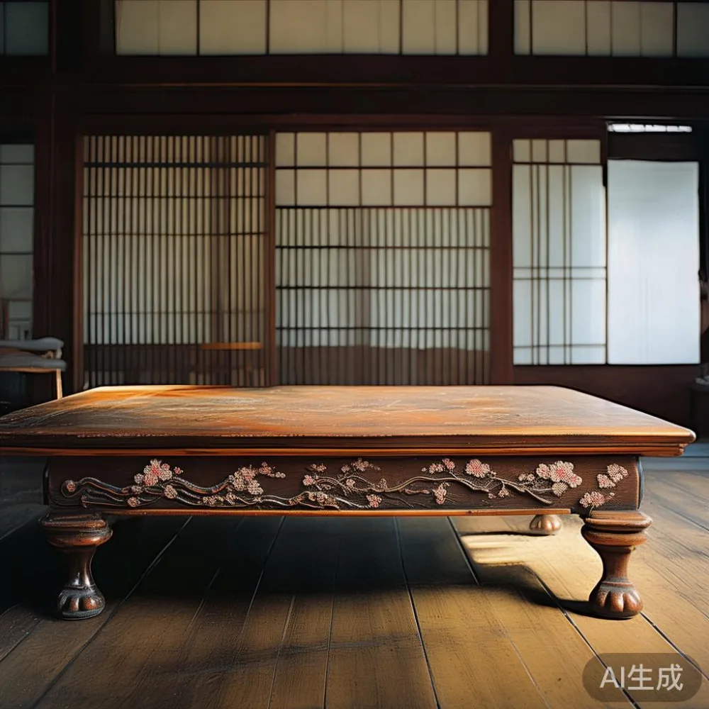 複雑な彫り物がある古典的なコーヒーテーブルの写真、大阪の伝統的な日本家屋内