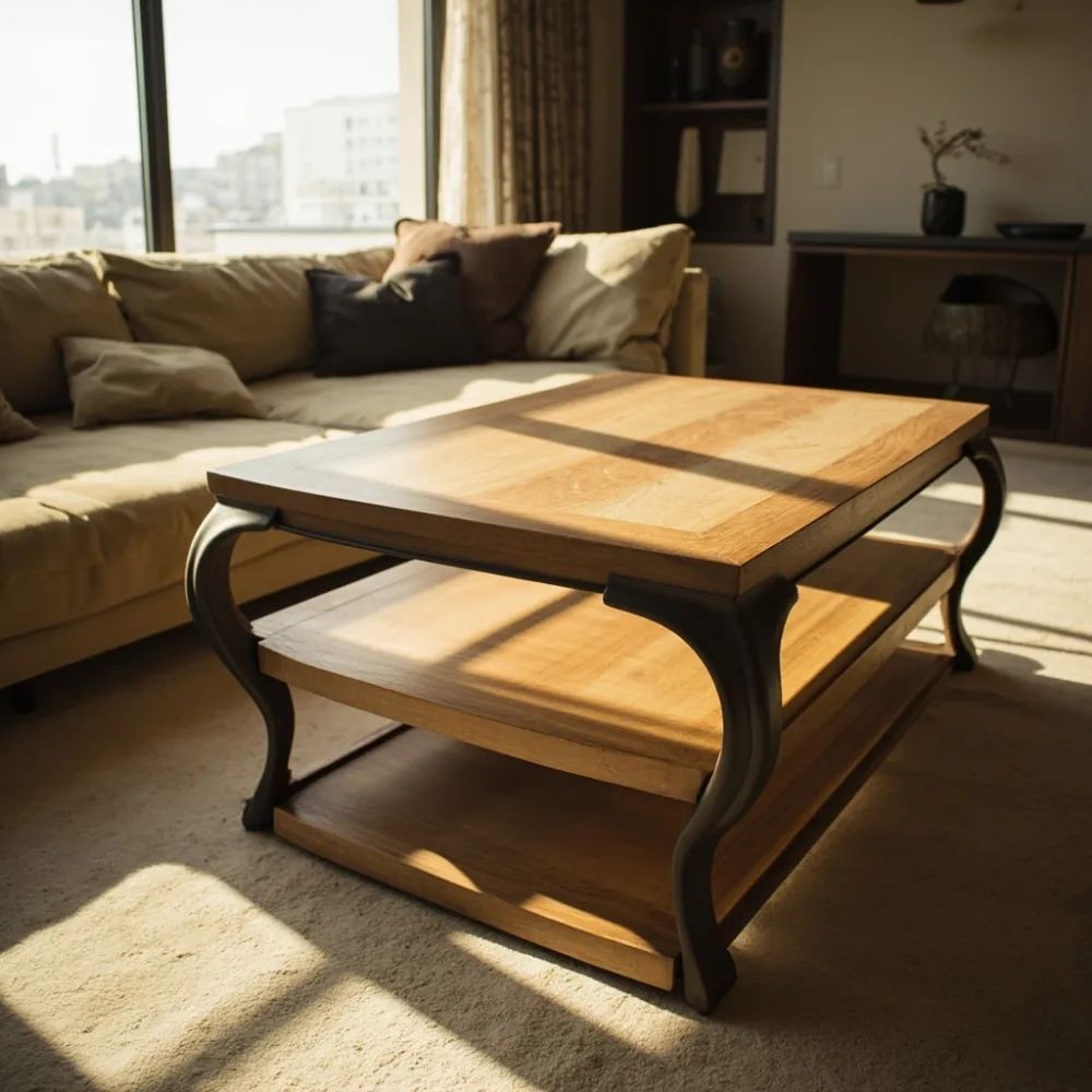 naturalistic Japanese apartment interior featuring a sculptural French coffee table and solid wood sofa, morning light, editorial furniture photography, no text, no people faces, film grain