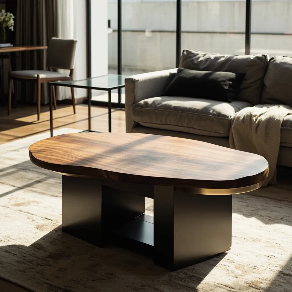 realistic broad American coffee table in a spacious detached Japanese home, walnut and dark metal materials, warm afternoon light, no text, no people faces, film grain