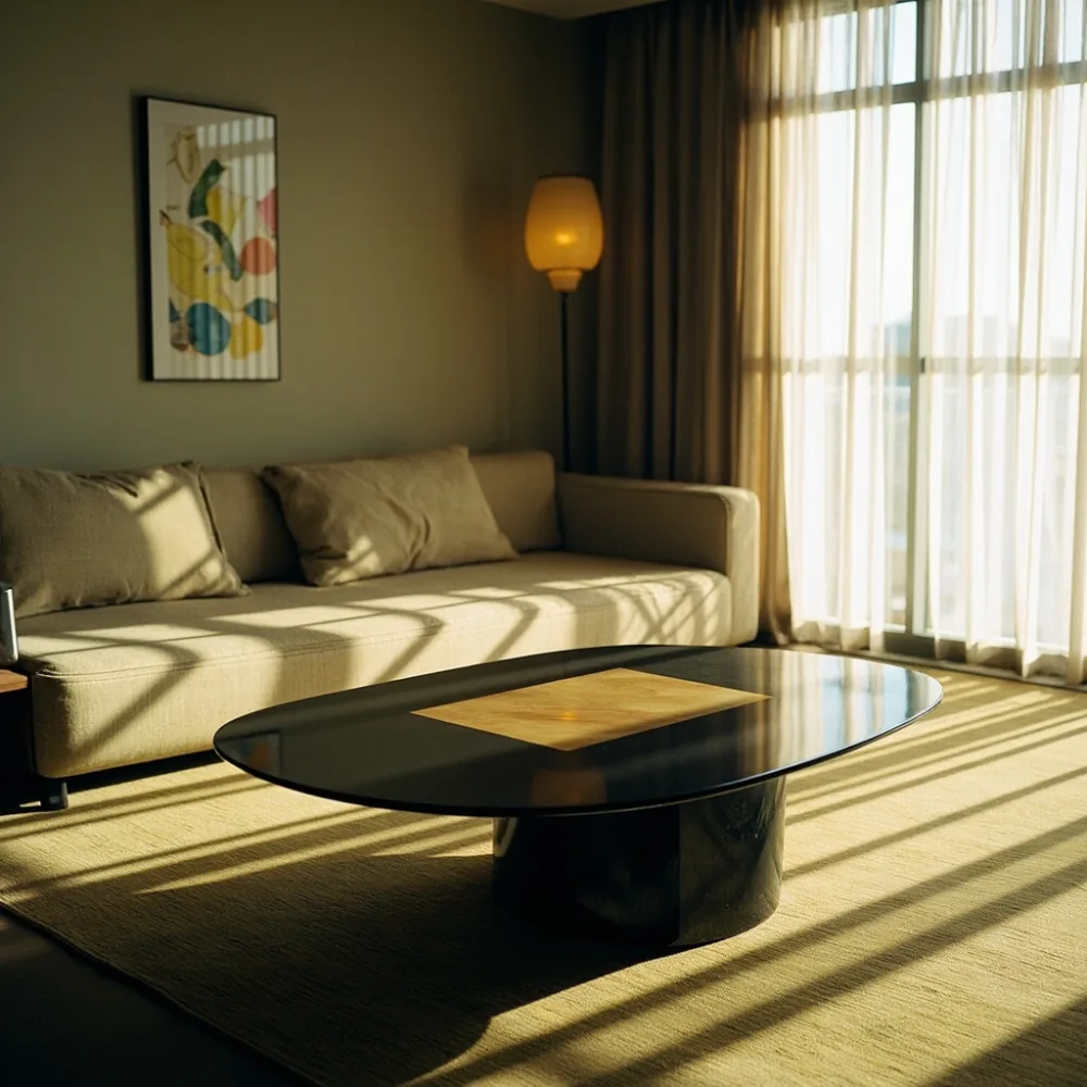 refined postmodern coffee table with mixed wood and stone elements, quiet Japanese living room, natural daylight, no text, no people faces, film grain
