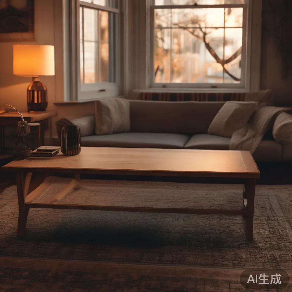 コーヒーテーブルのサイズ選びと木部の手入れ — room setting at dusk with warm lamp light, film