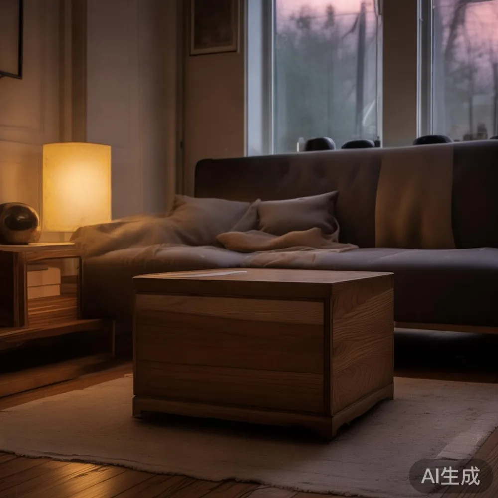 狭いスペースでも広く見えるアパートのインテリア術 — room setting at dusk with warm lamp light, film 