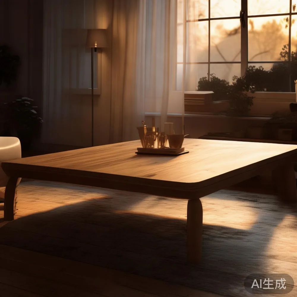 無垢材家具の価格は、本当に木と大きさだけで決まるのか — room setting at dusk with warm lamp light, film 